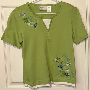 3 for $10 Vintage Alfred Dunner green white ss embroidered shirt sz small petite